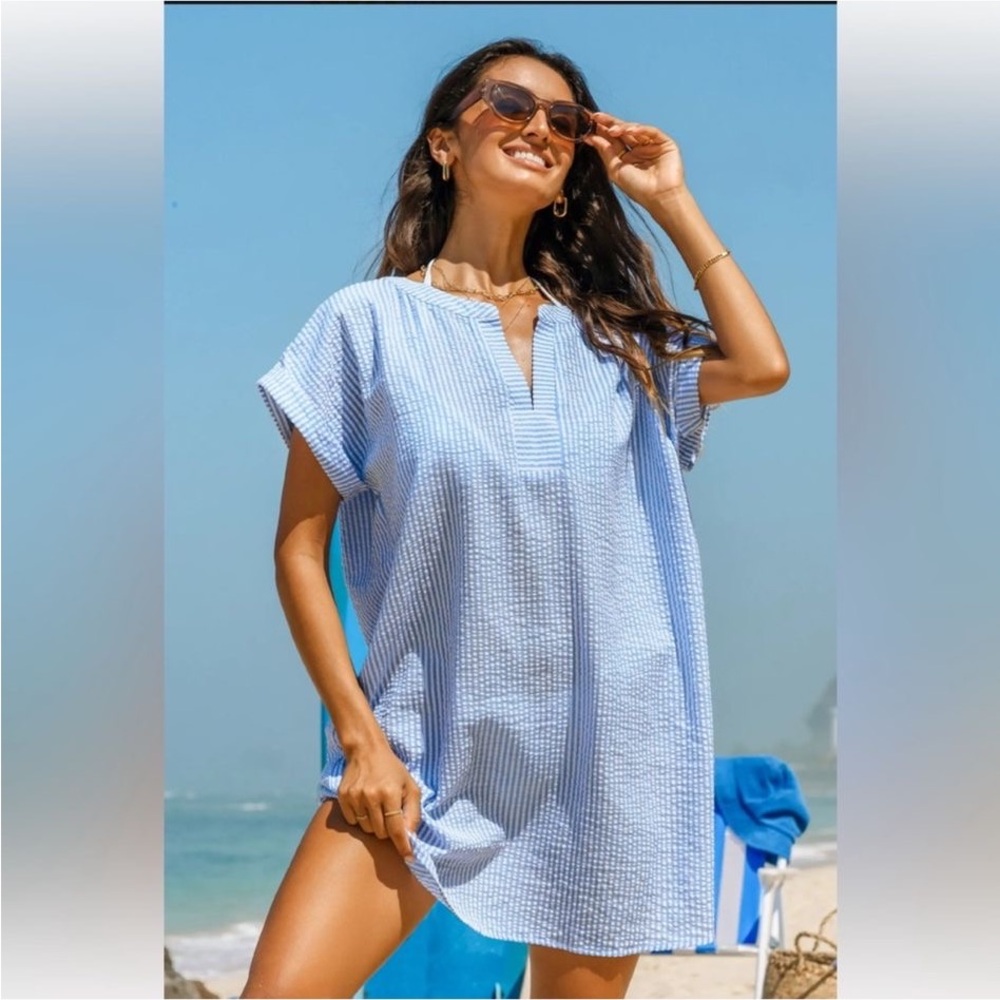 Cupshe Light Blue Seersucker Beach Coverup
